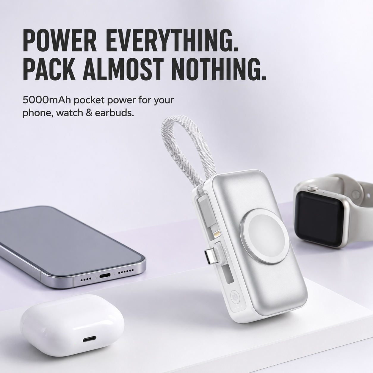 Silver mini power bank displayed beside a phone, smartwatch, and earbud case