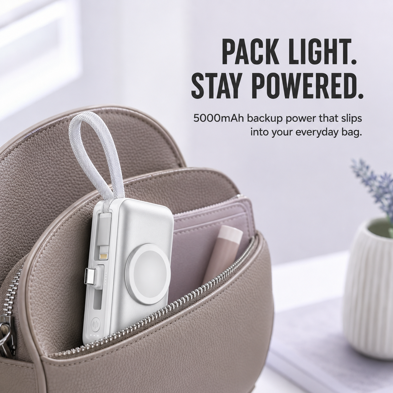 Compact silver power bank placed in an everyday handbag