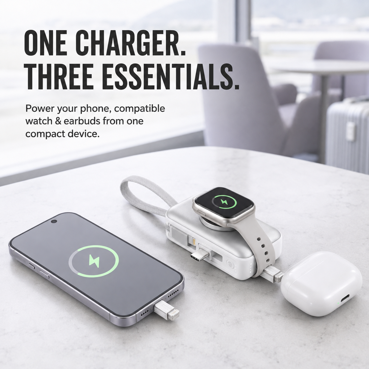 Mini power bank shown charging compatible devices beside an earbud case