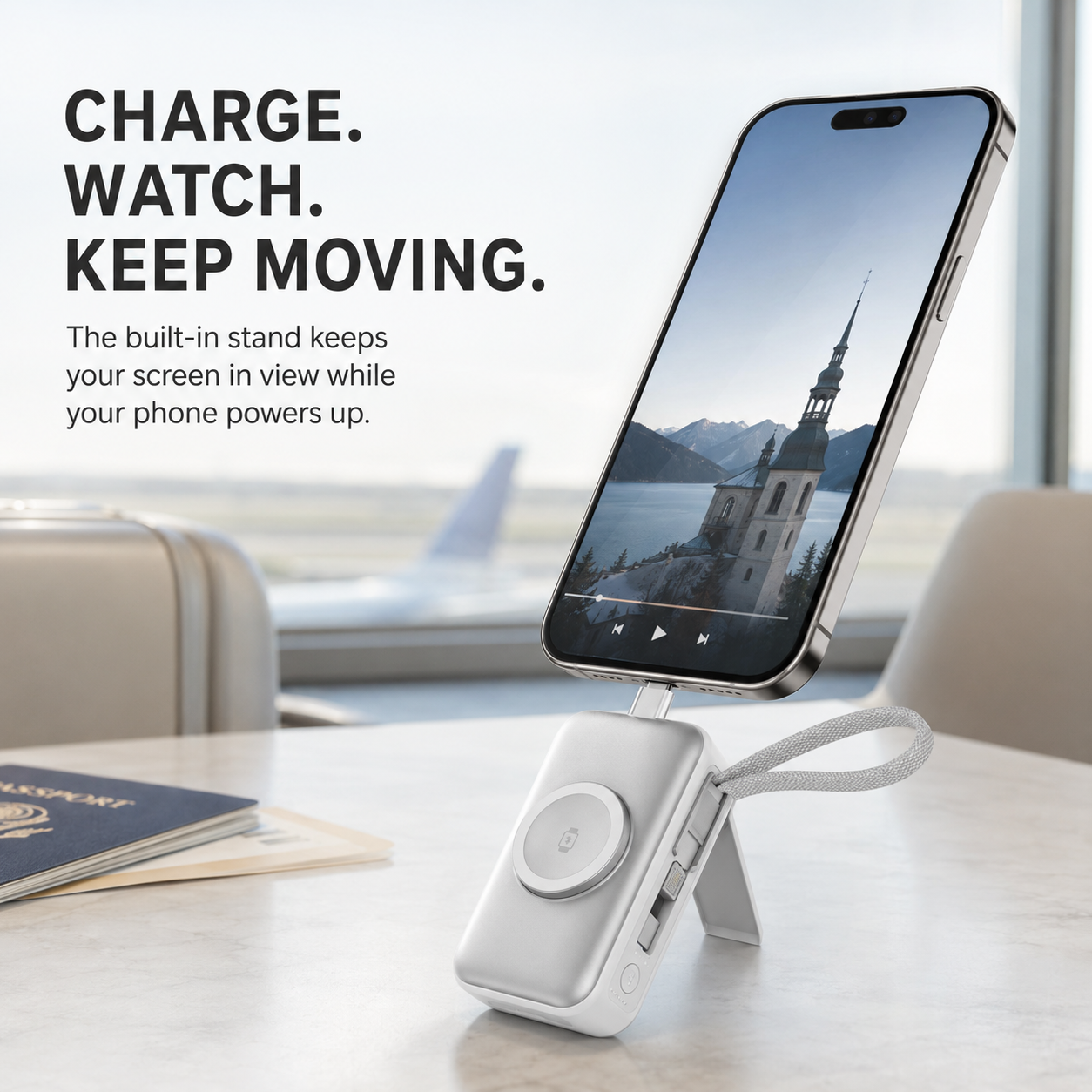 Fold-out support holding a connected phone upright on a tabletop