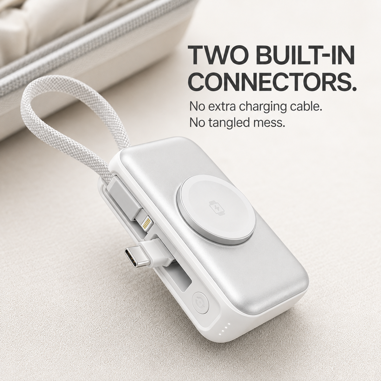 Close-up of the mini power bank's built-in USB-C and Lightning connectors