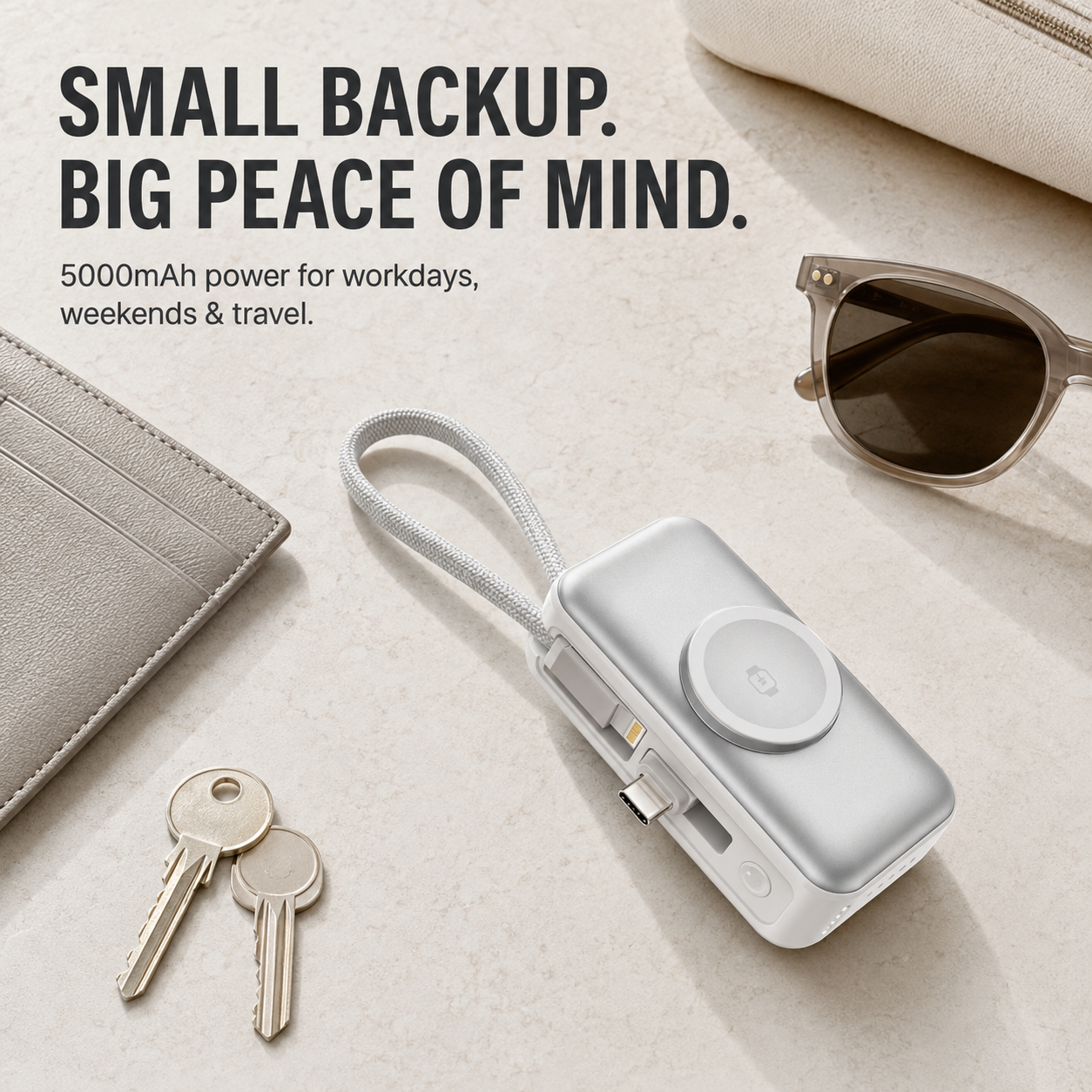 Silver mini power bank arranged with keys and everyday carry accessories