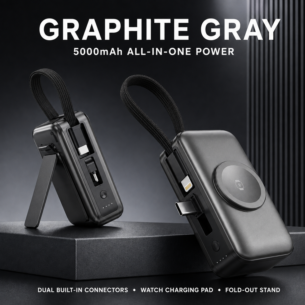 Gray mini power bank with built-in connectors