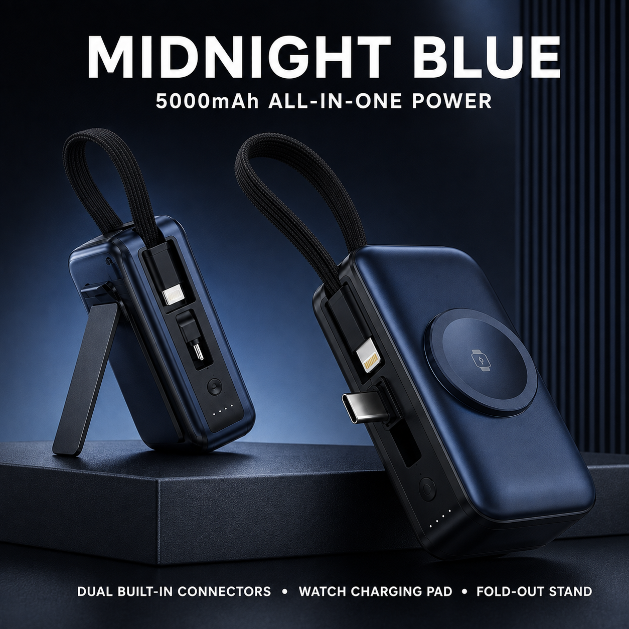 Blue mini power bank with circular watch charging pad