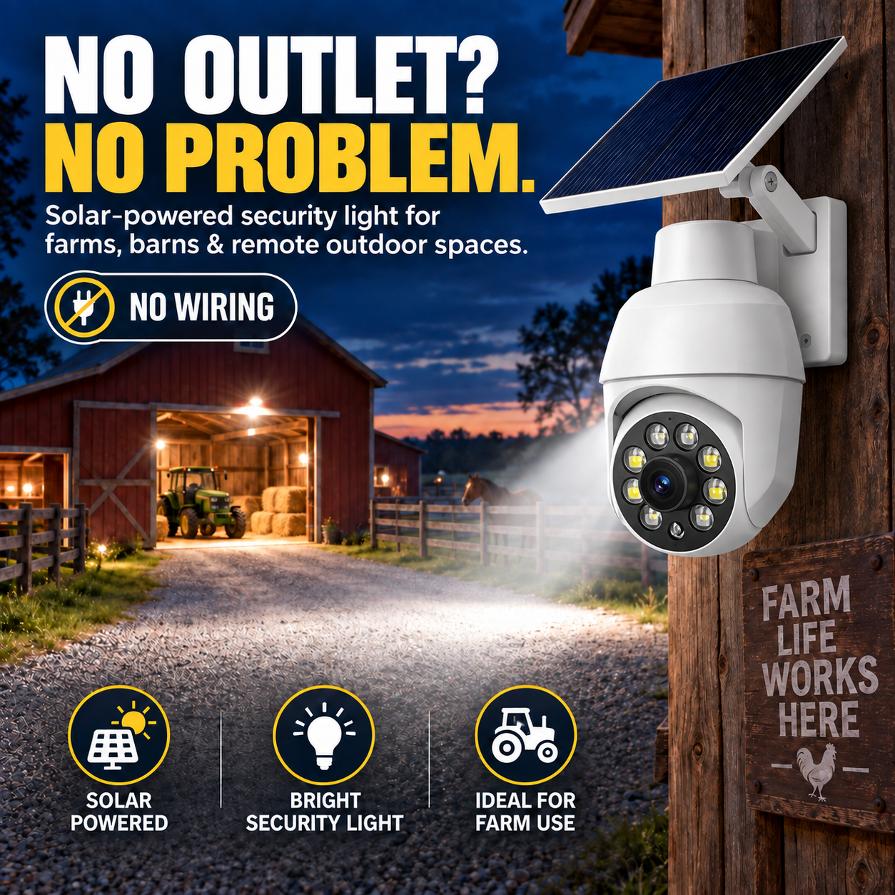 Solar-powered outdoor light installed on a farm wall