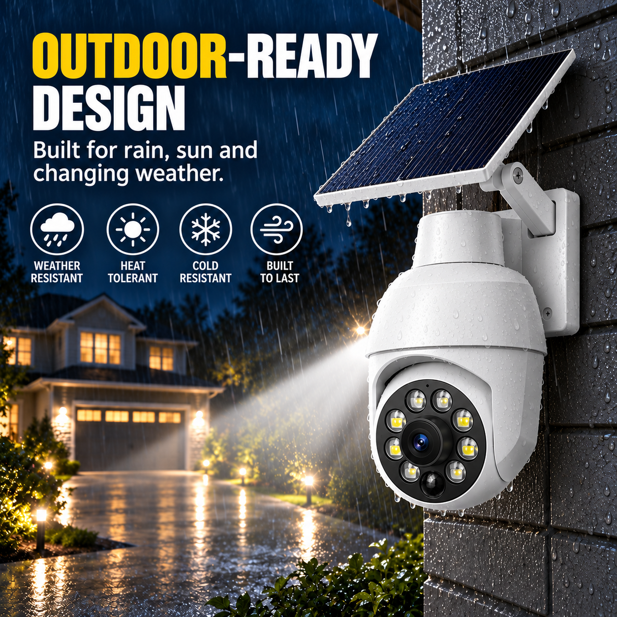 Outdoor solar light shown in rainy conditions