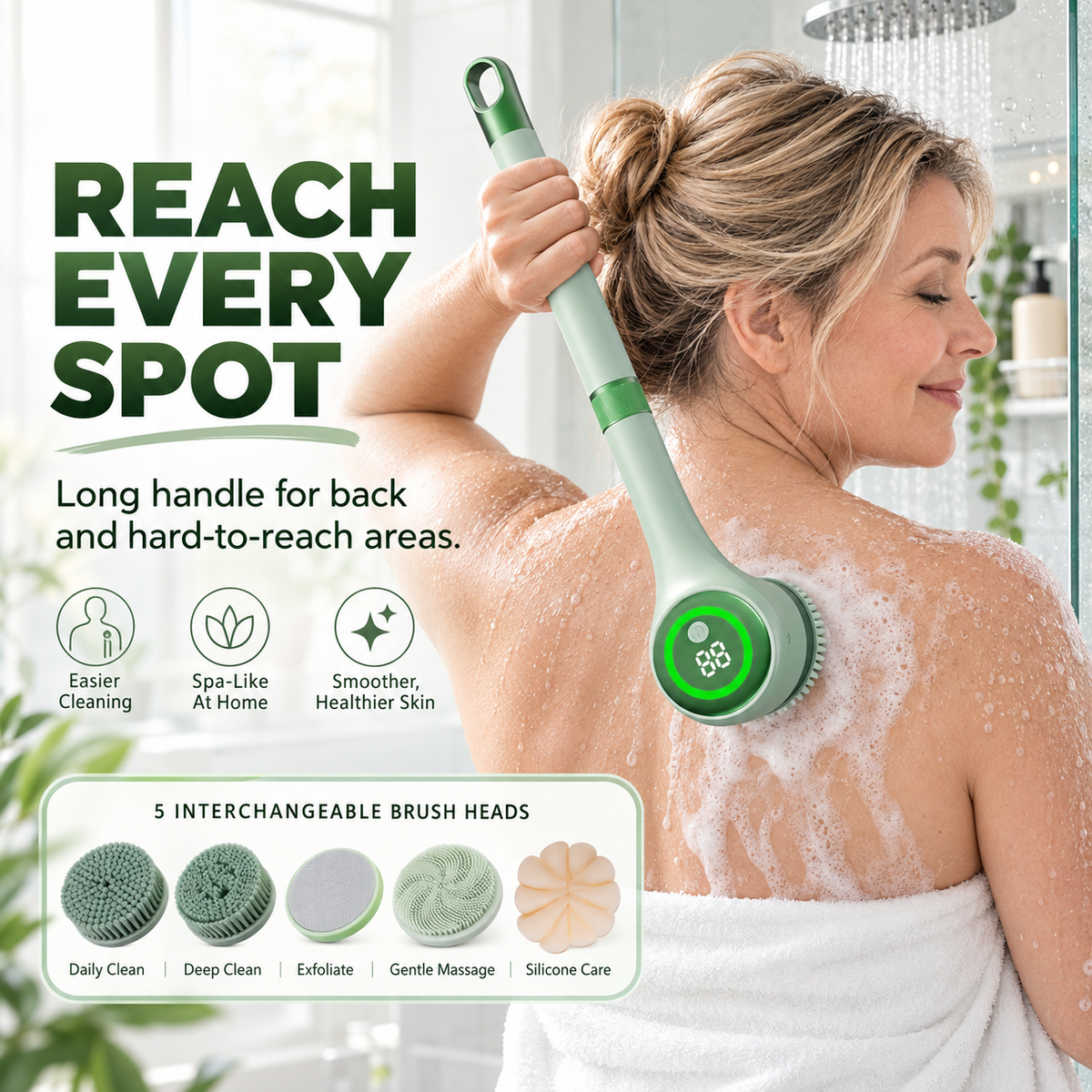 Long-handle electric body scrubber used to clean the back with five interchangeable brush heads