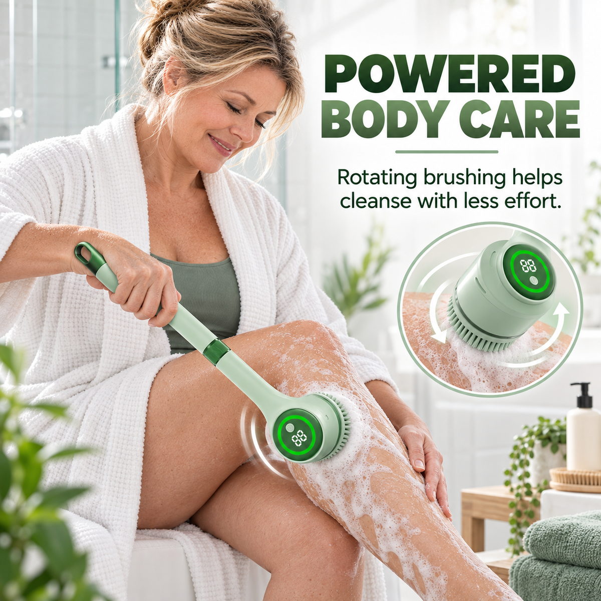 Powered electric body scrubber rotating on leg during body cleansing