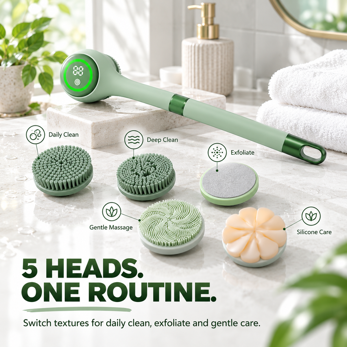 Five interchangeable electric body scrubber heads for daily clean deep clean exfoliate gentle massage and silicone care