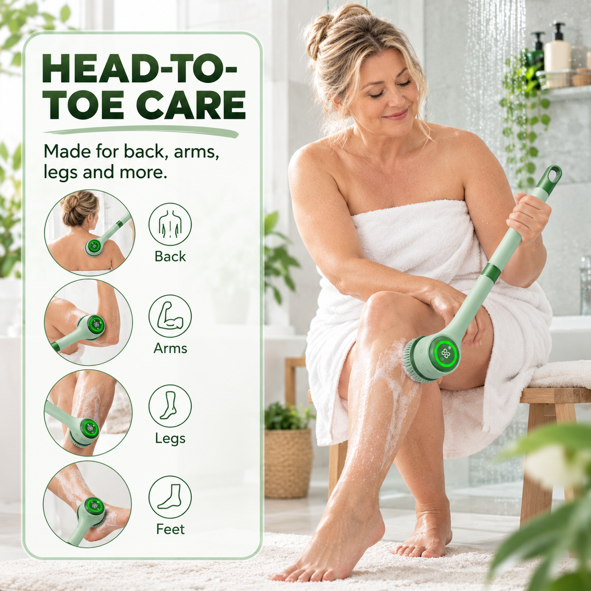 Long-handle electric body scrubber shown for back arms legs and feet