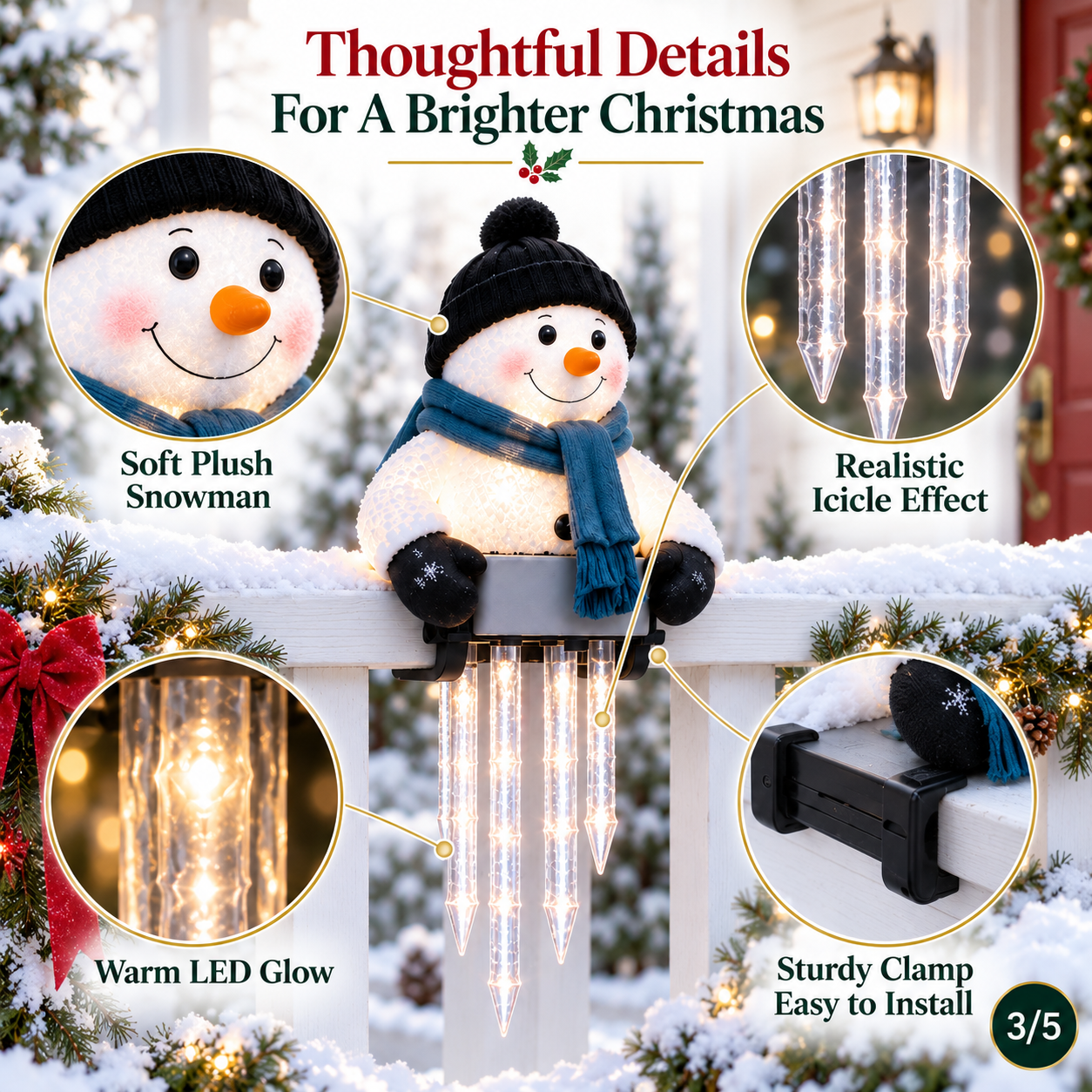Close-up details of WinterGlow snowman body LED icicles and clamp-style railing mount