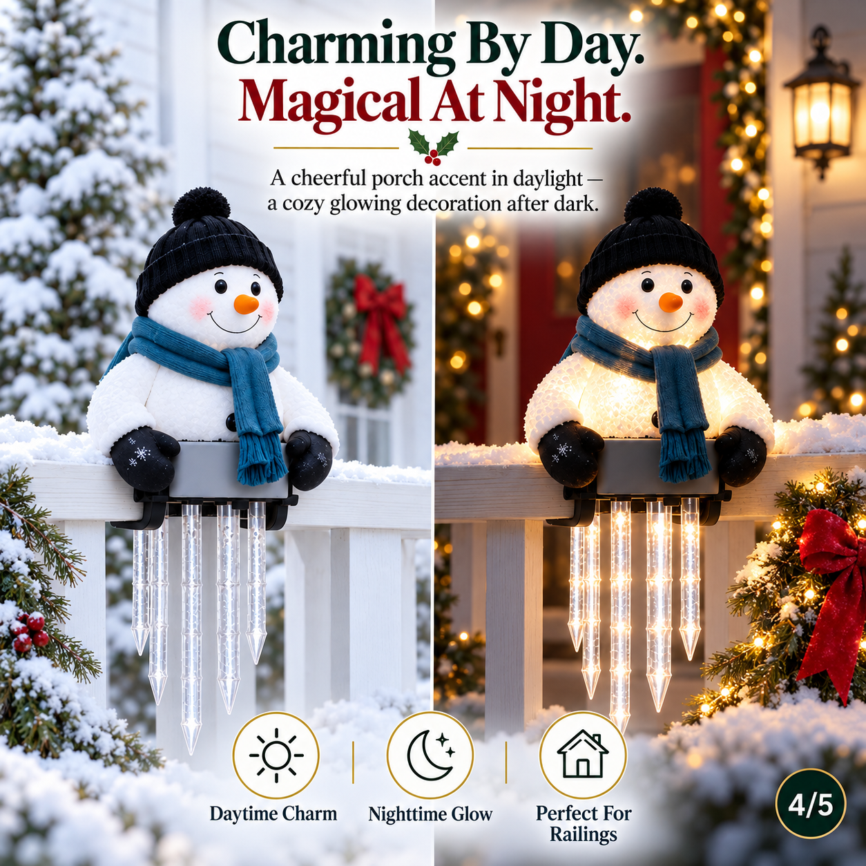 WinterGlow snowman railing decoration shown during daylight and illuminated after dark