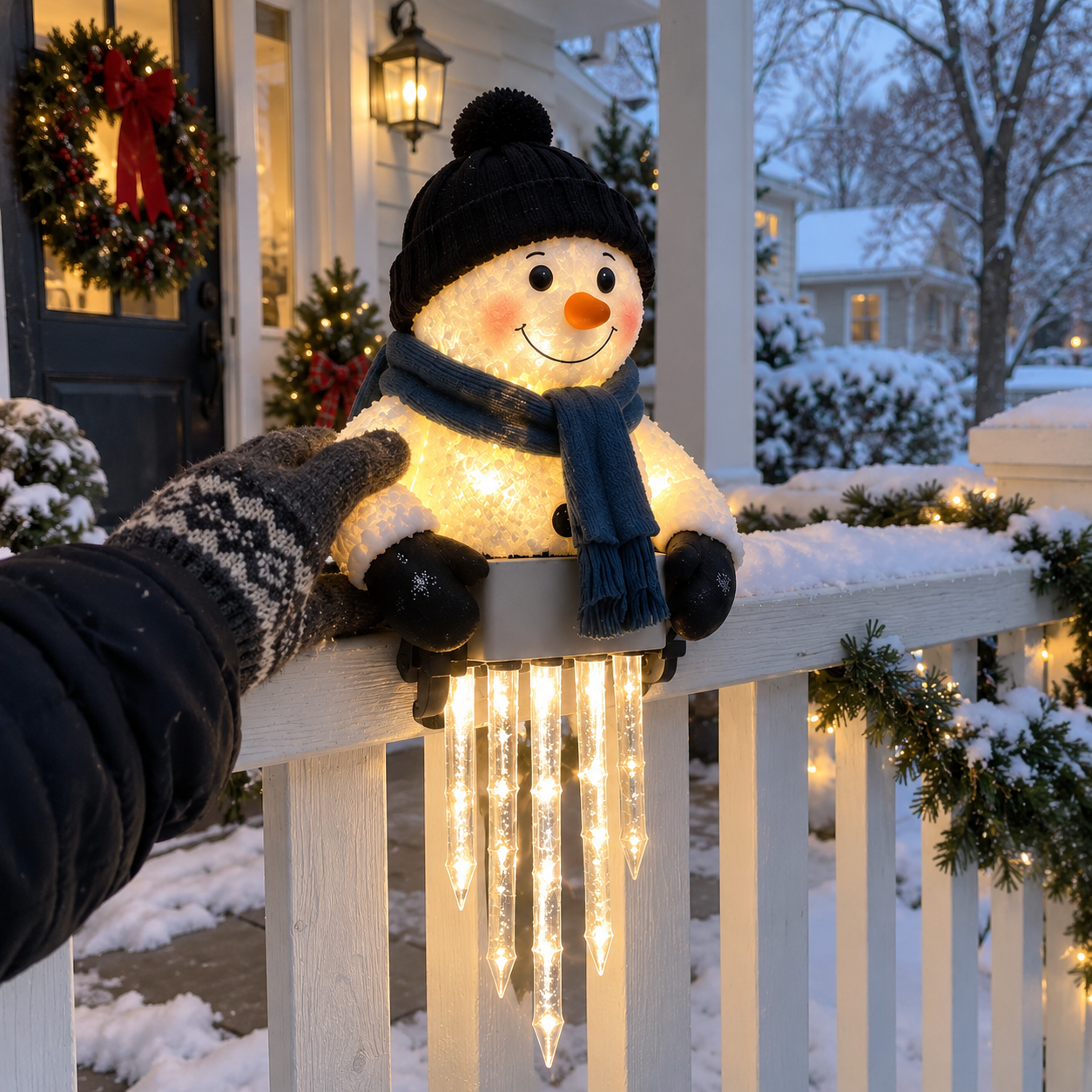 Glowing WinterGlow snowman with five illuminated icicles mounted on a snowy porch railing