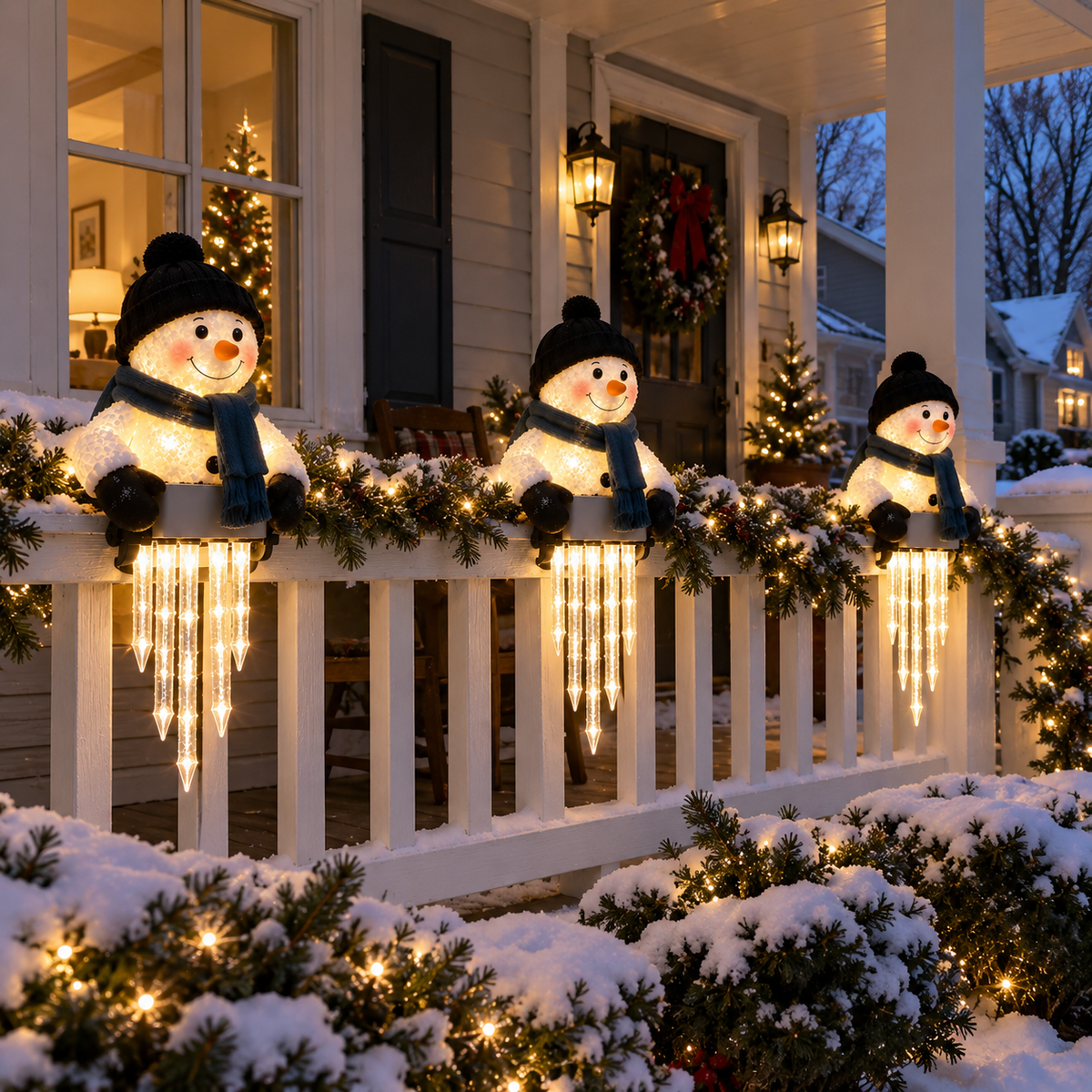 Multiple WinterGlow snowman icicle lights arranged across a Christmas porch railing