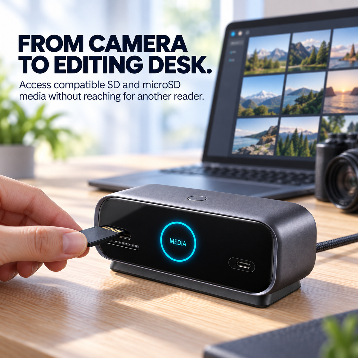 SD memory card being inserted into smart display USB-C docking station for creative workflow