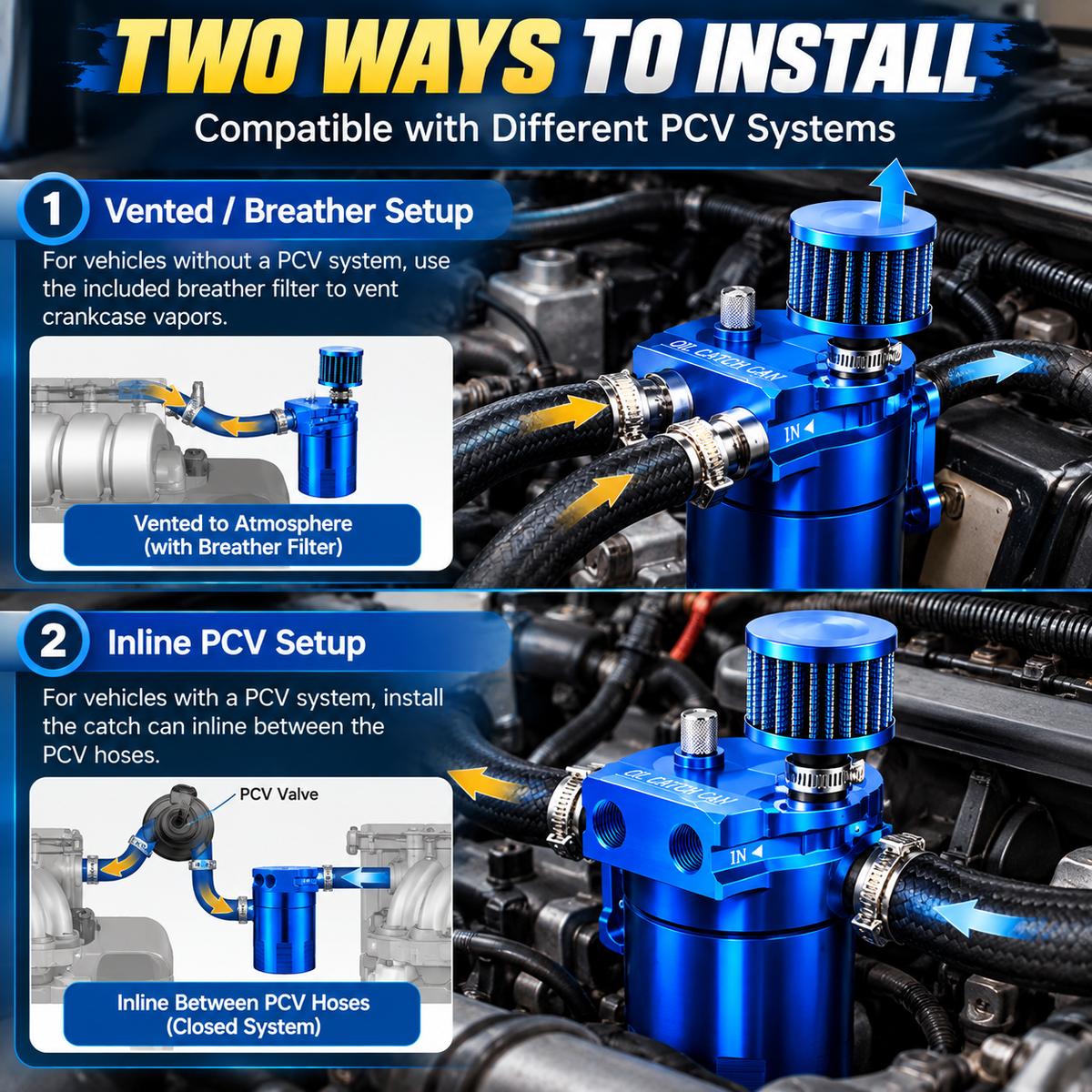 Oil catch can illustration showing vented breather and inline PCV installation configurations