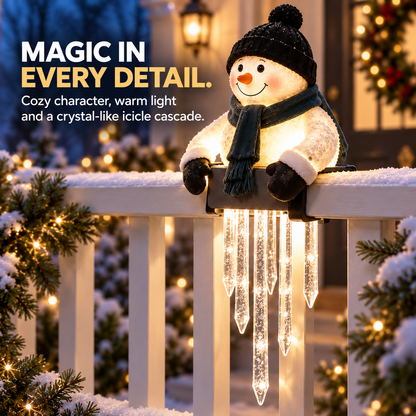 ☃️ Lighted Snowman Railing Decoration with Hanging Icicles – Christmas Porch Décor
