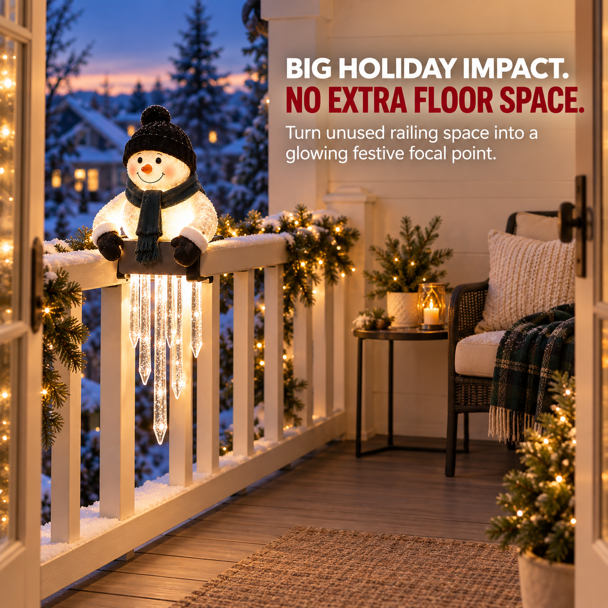 ☃️ Lighted Snowman Railing Decoration with Hanging Icicles – Christmas Porch Décor