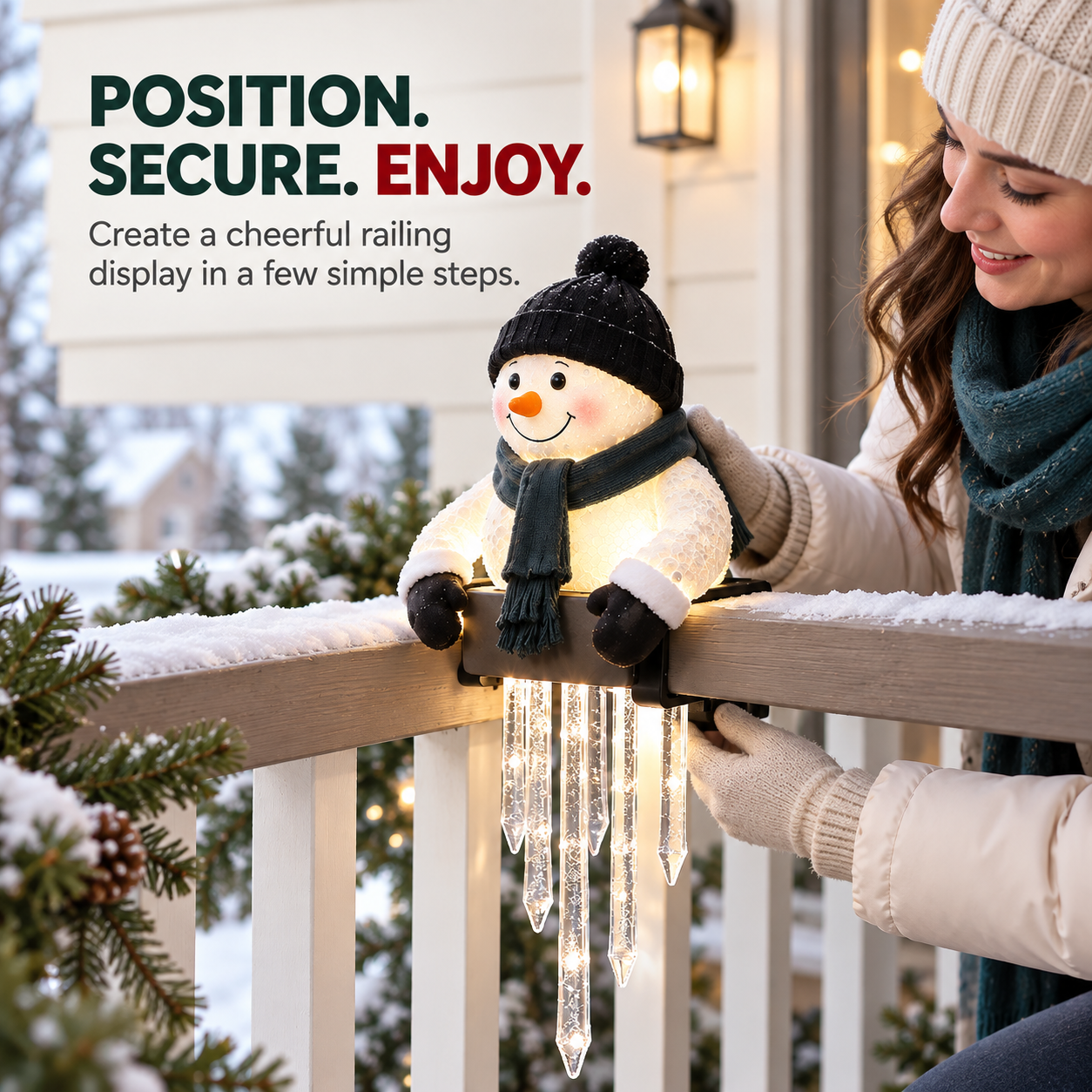 ☃️ Lighted Snowman Railing Decoration with Hanging Icicles – Christmas Porch Décor