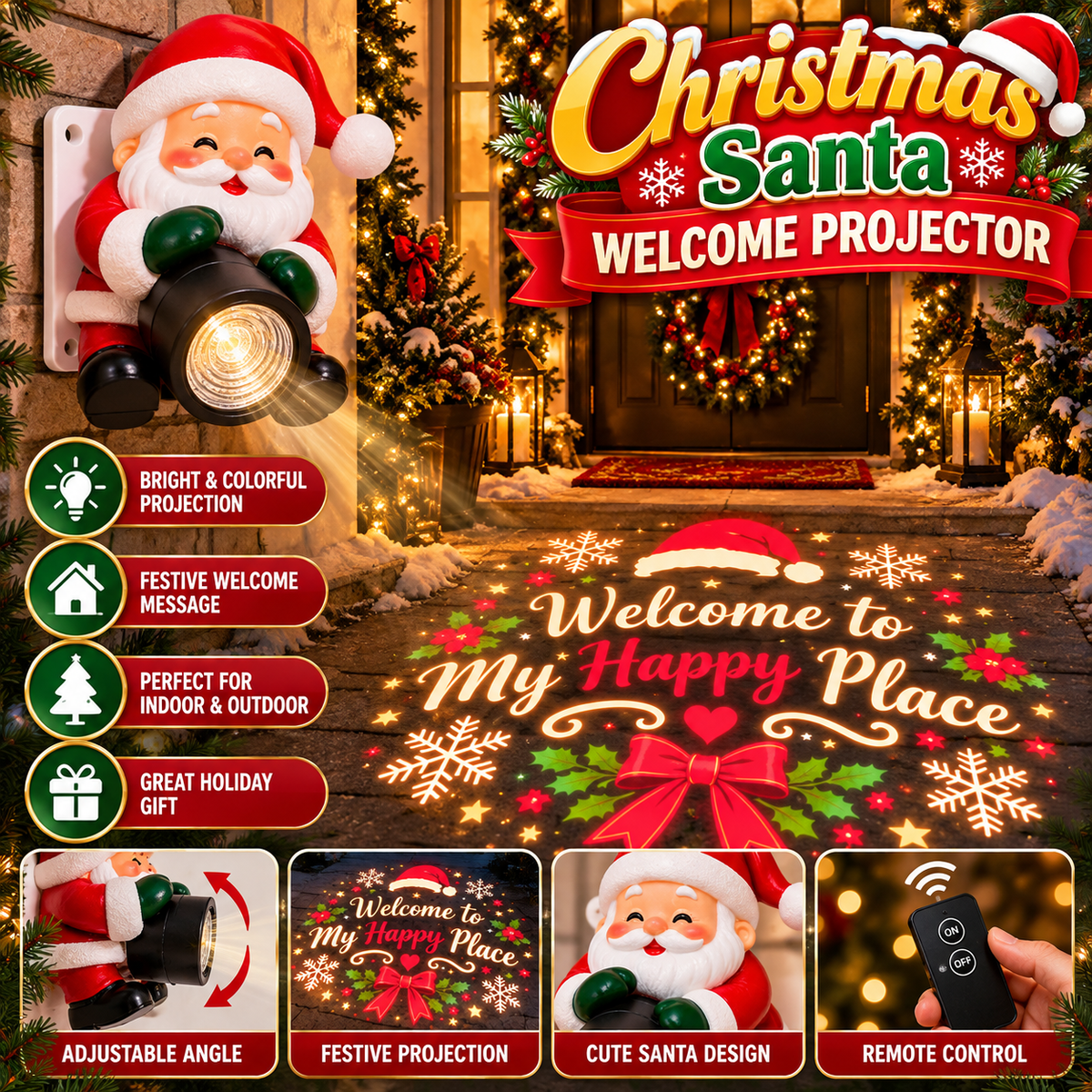 🔥HOT SALE🎅💡 Santa Christmas Welcome Projector – Festive Holiday Doorway Light with Remote Control ✨