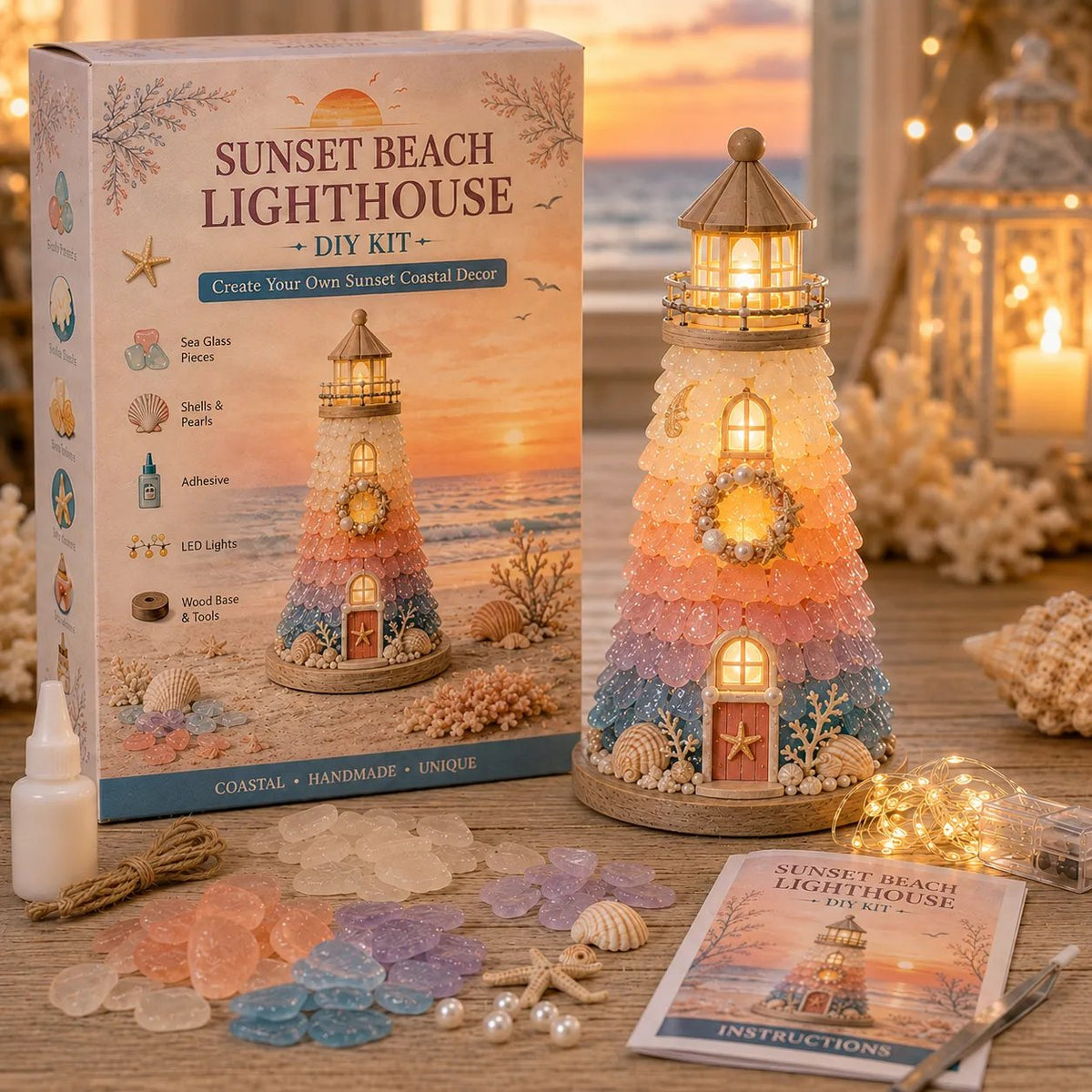 ⏳ Last Day 49% OFF – 🌊 Beginner-Friendly DIY Lighted Sea Glass-Style Lighthouse Kit Collection | Complete Kit with Sea Glass-Style Pieces, LED Lights & Step-by-Step Guide Included 💕