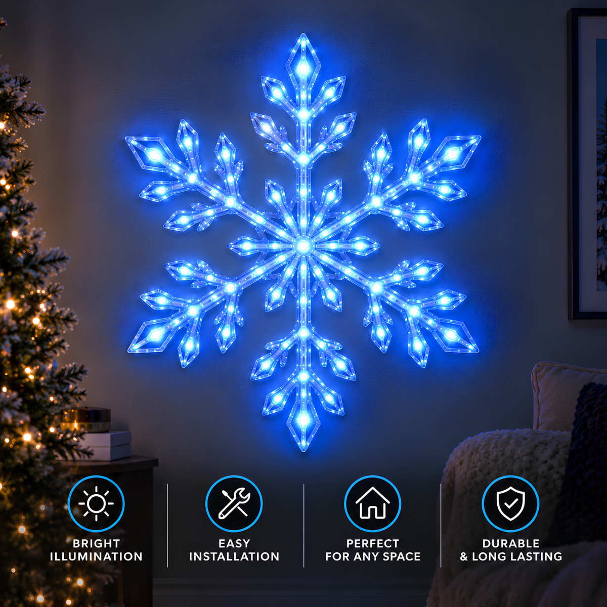 Large illuminated blue snowflake Christmas wall decoration