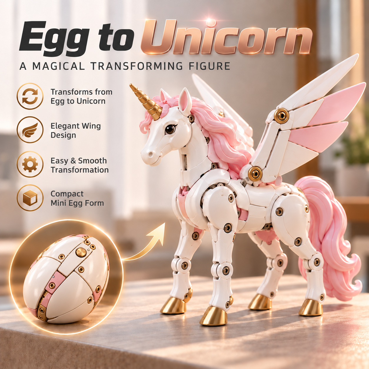 Mechanical egg and winged unicorn shown as two forms of one transforming figure