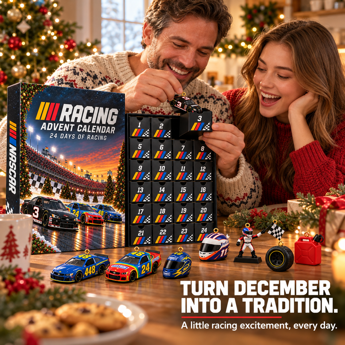 Family opening racing Christmas advent calendar
