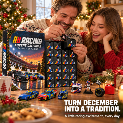 Family opening racing Christmas advent calendar