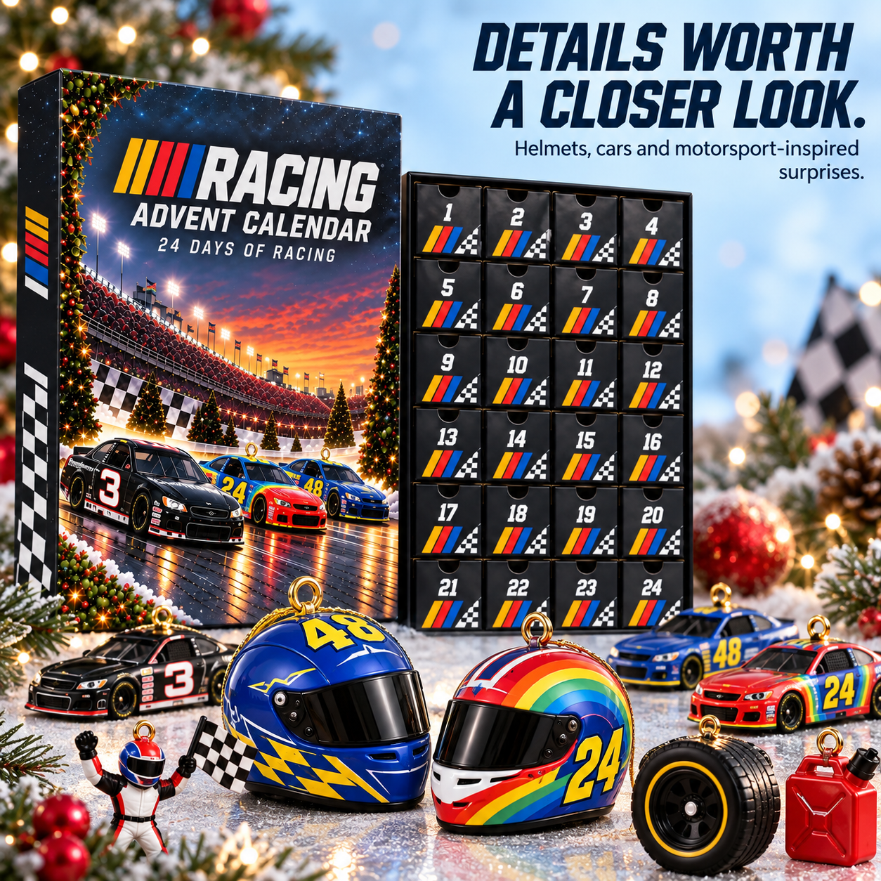 Close-up of helmet-shaped and car-shaped racing collectibles