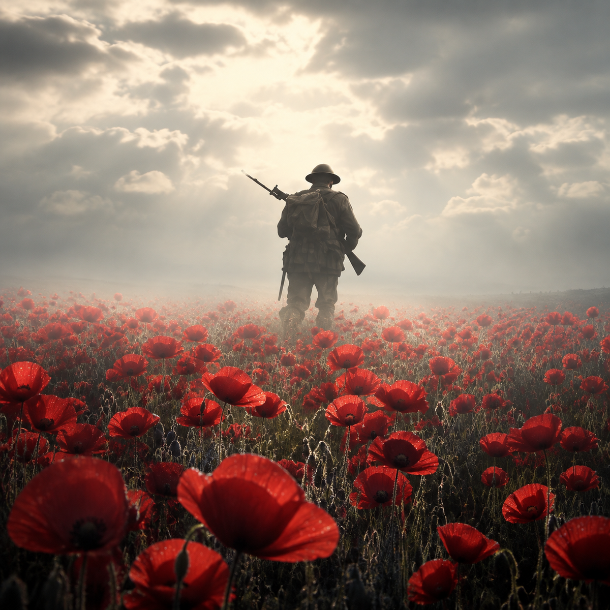 Solemn silhouette of a soldier walking through a field of red remembrance poppies