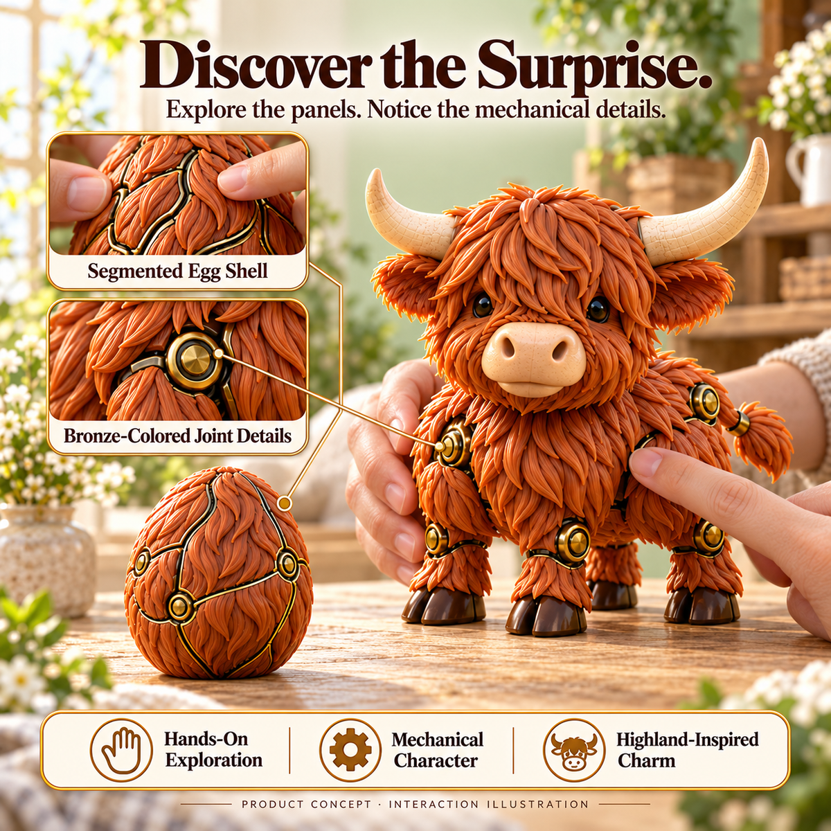 Concept illustration showing hands exploring the Highland cow figure, segmented egg details and bronze-colored mechanical joint accents