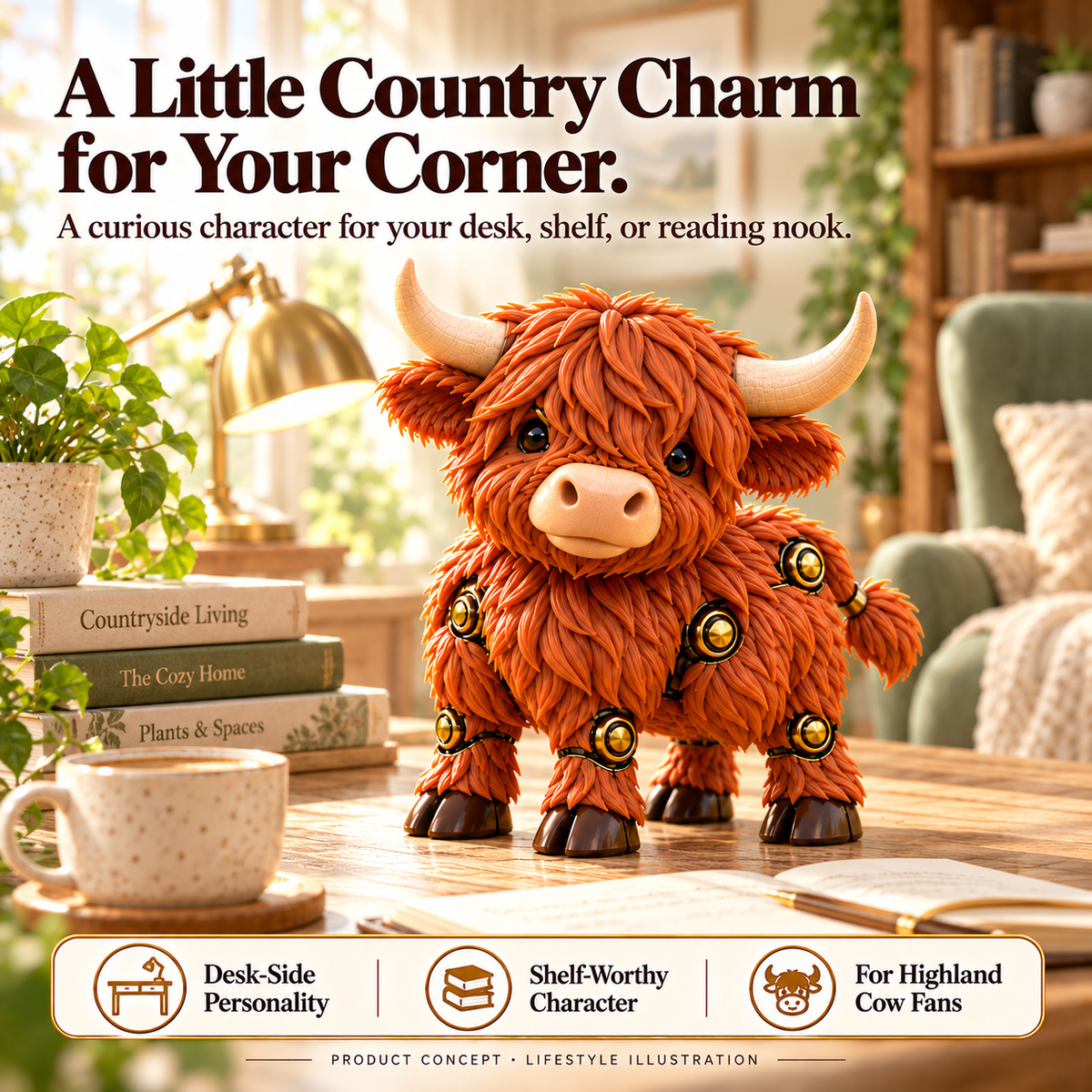 Highland cow collectible concept on a wooden desk beside books, a warm desk lamp and plants in a cozy farmhouse-style room