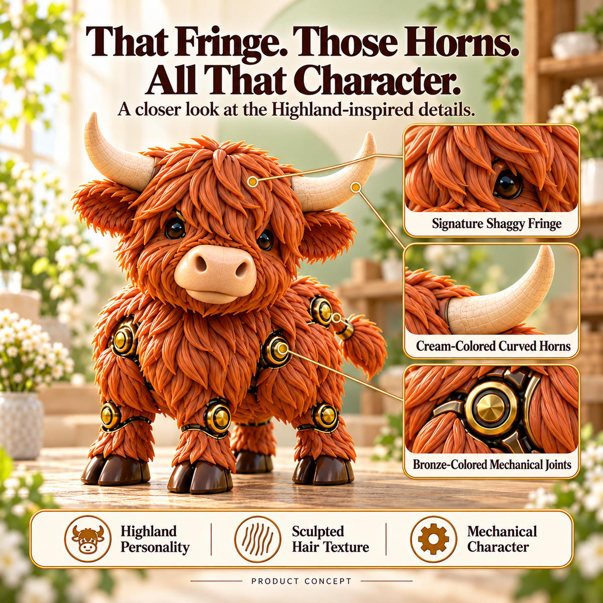 Highland cow character detail illustration highlighting the shaggy orange fringe, cream horns and bronze mechanical-style joints