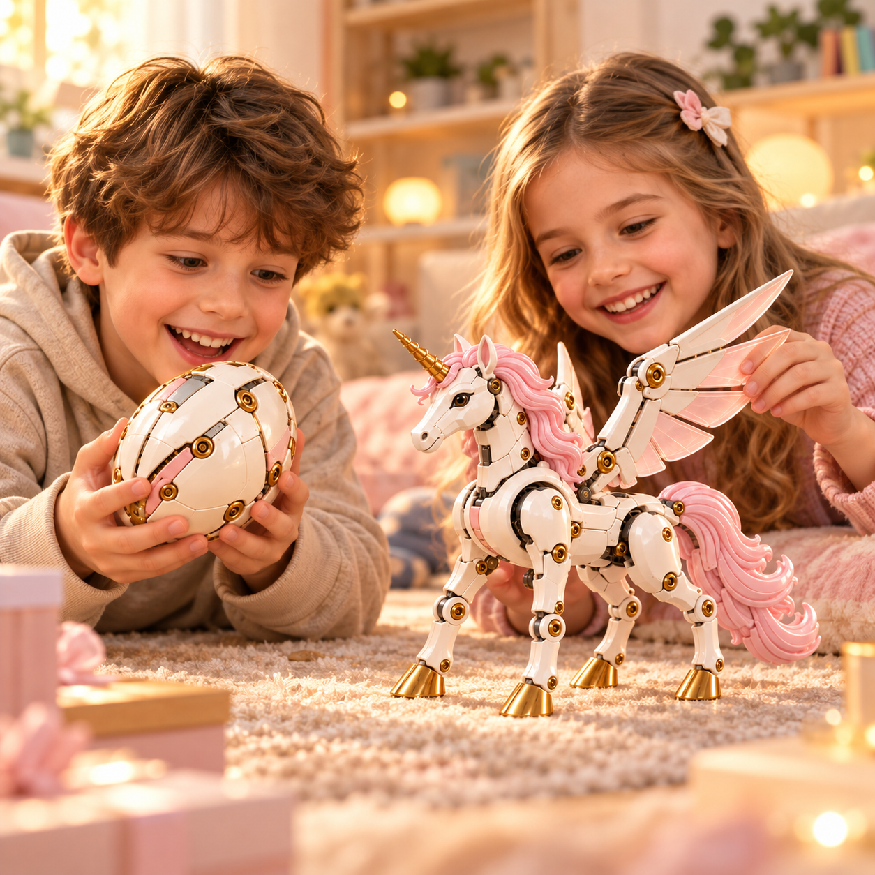 Lifestyle scene showing children exploring the egg and unicorn configurations