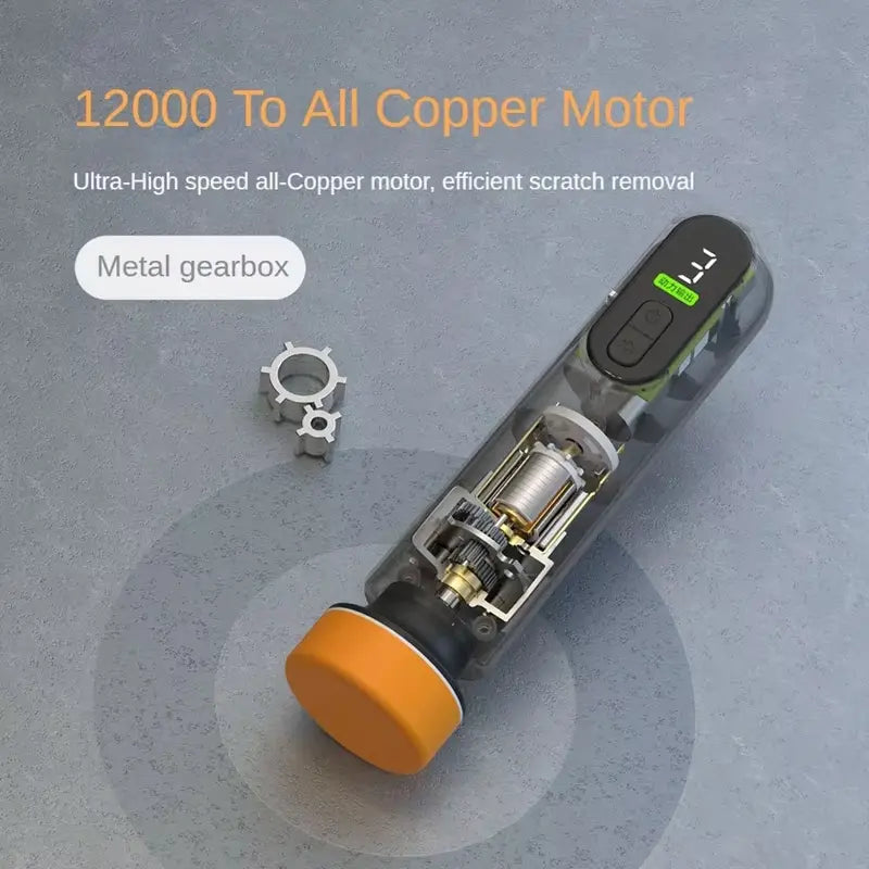 Cutaway view of cordless mini car polisher motor and metal gearbox
