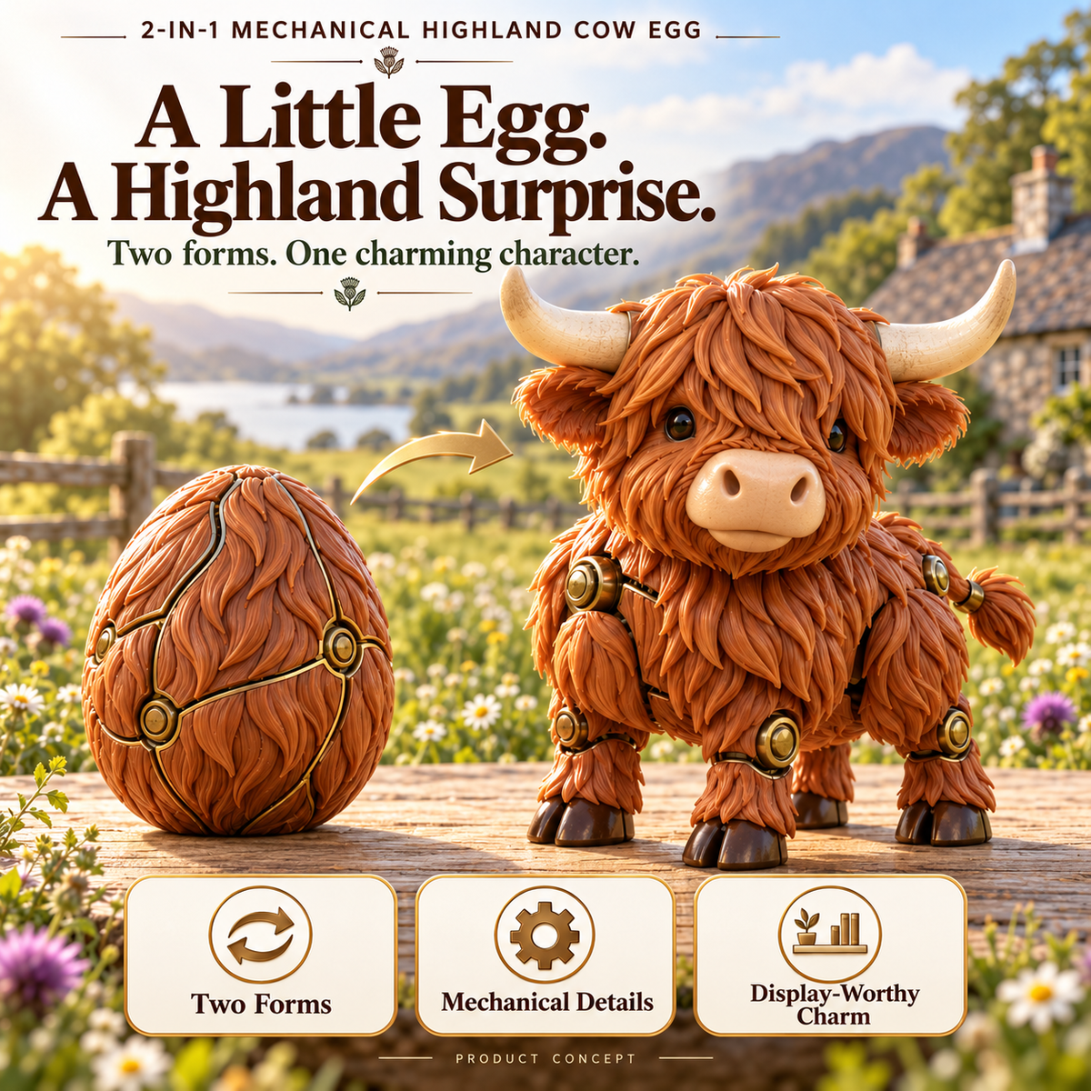 Highland cow egg concept showing a caramel textured egg beside a charming shaggy Highland cow with cream horns and bronze mechanical detailing