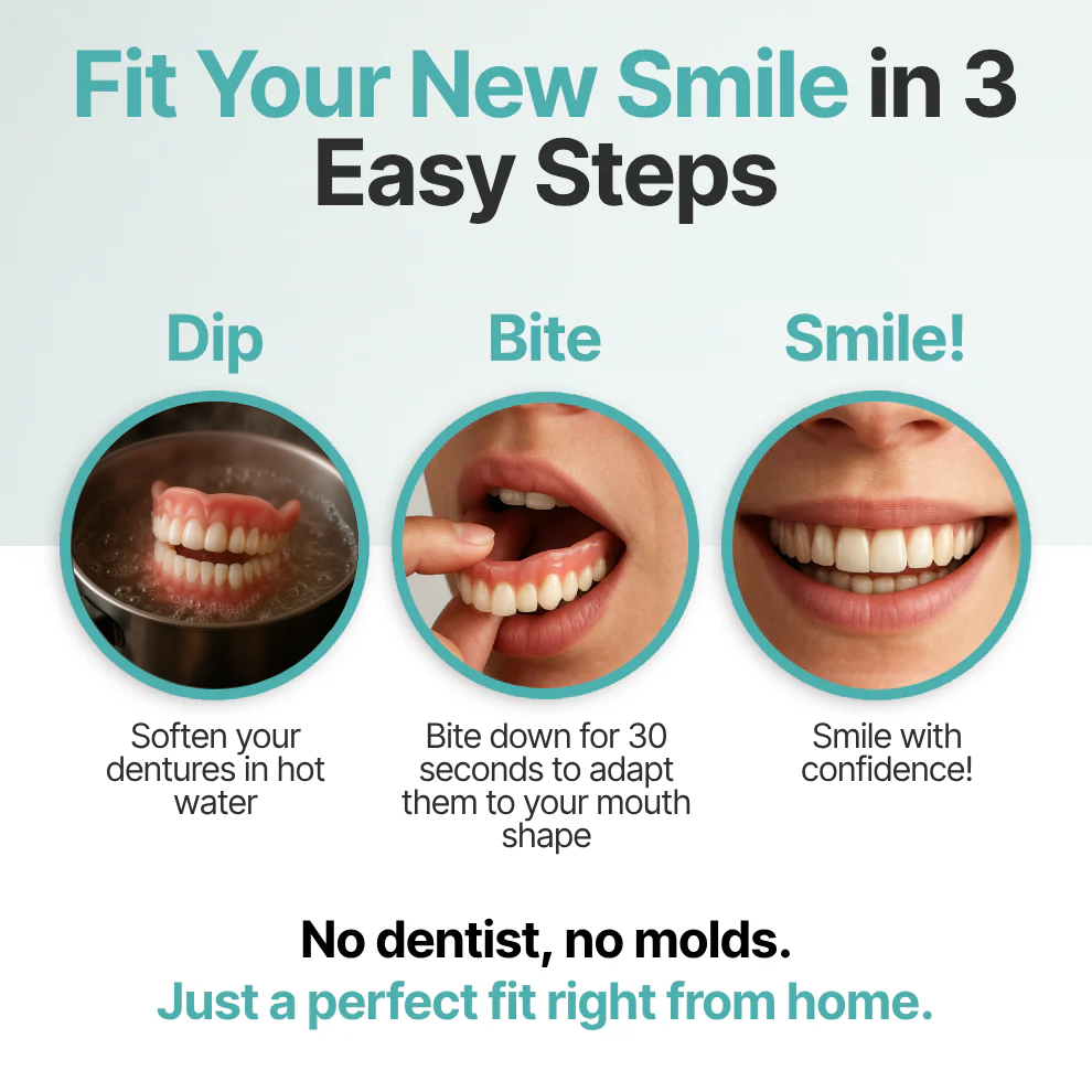 Three-step at-home denture fitting guide showing warming fitting and wearing