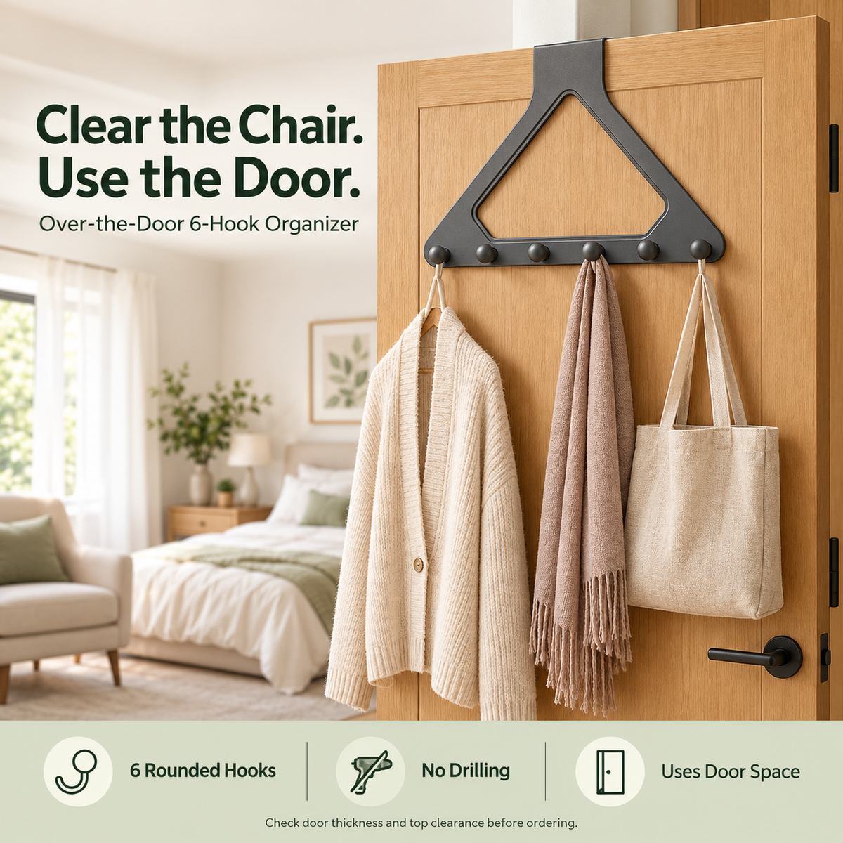 Six hook door organizer mounted on door
