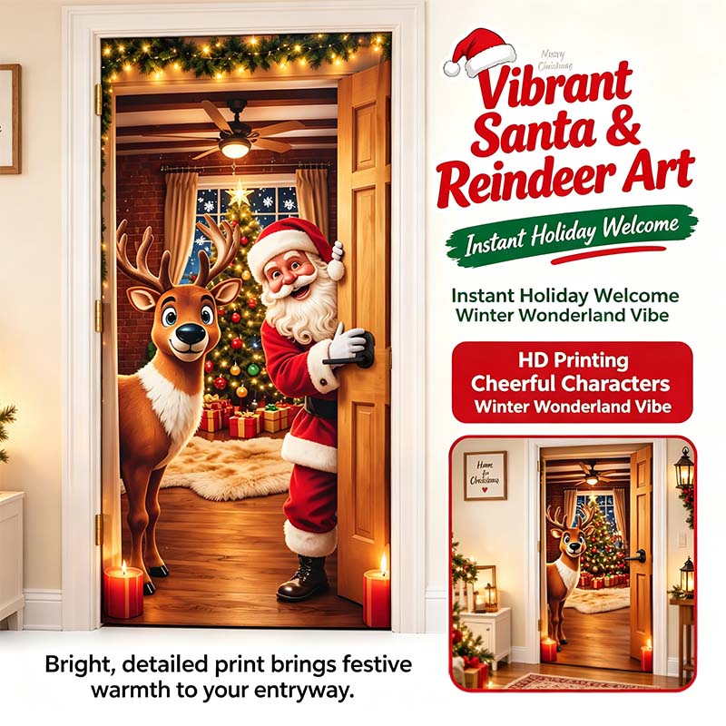 Christmas door cover shown in a decorated holiday entryway