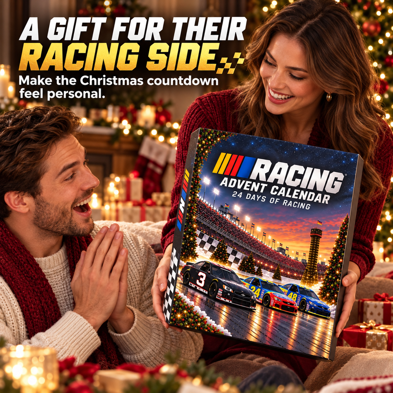 A racing advent calendar being presented as a Christmas gift