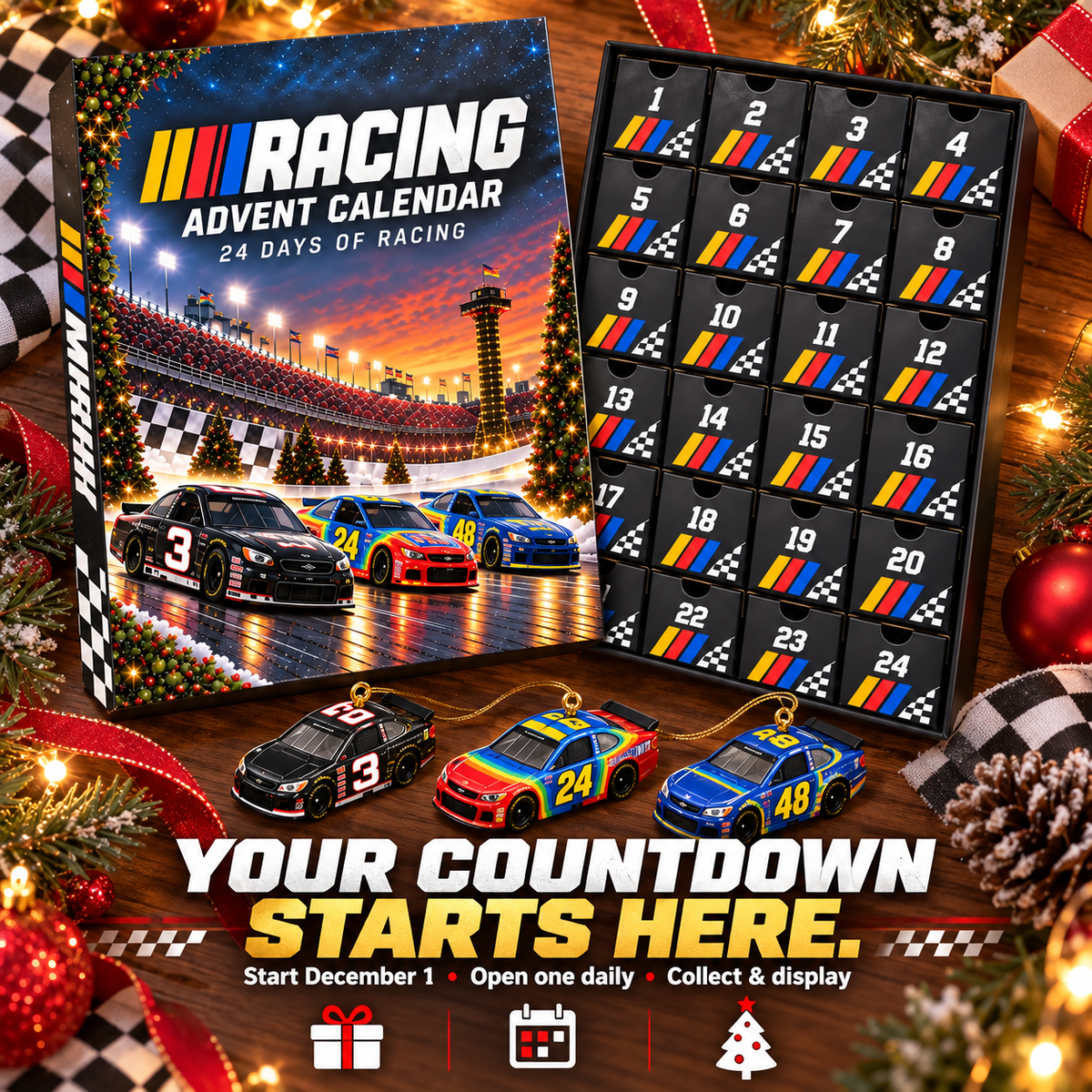 Miniature racing ornaments from Christmas advent calendar