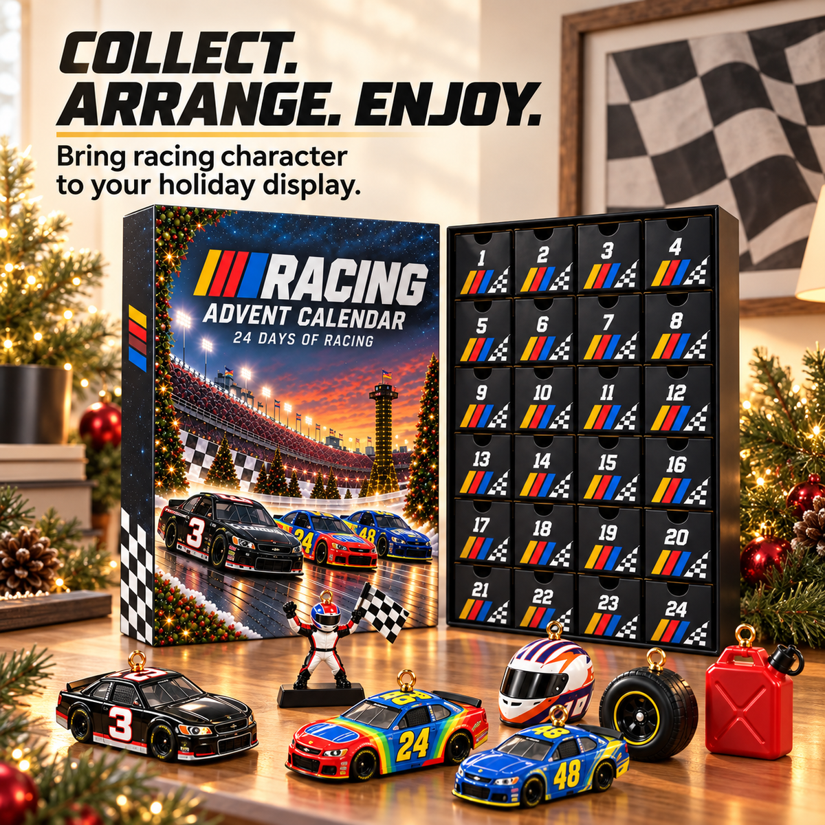 Racing-themed Christmas display with miniature collectibles