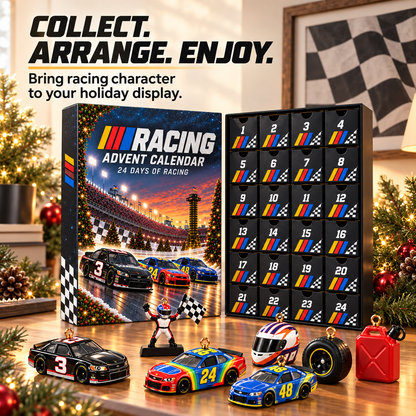 Racing-themed Christmas display with miniature collectibles