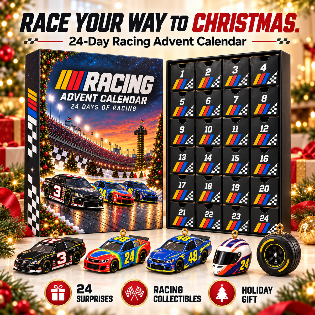 Racing-themed Christmas advent calendar gift box with miniature collectibles