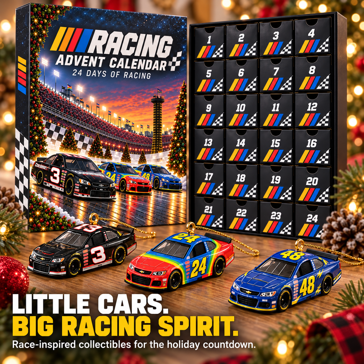 Miniature racing cars arranged in front of the numbered advent calendar