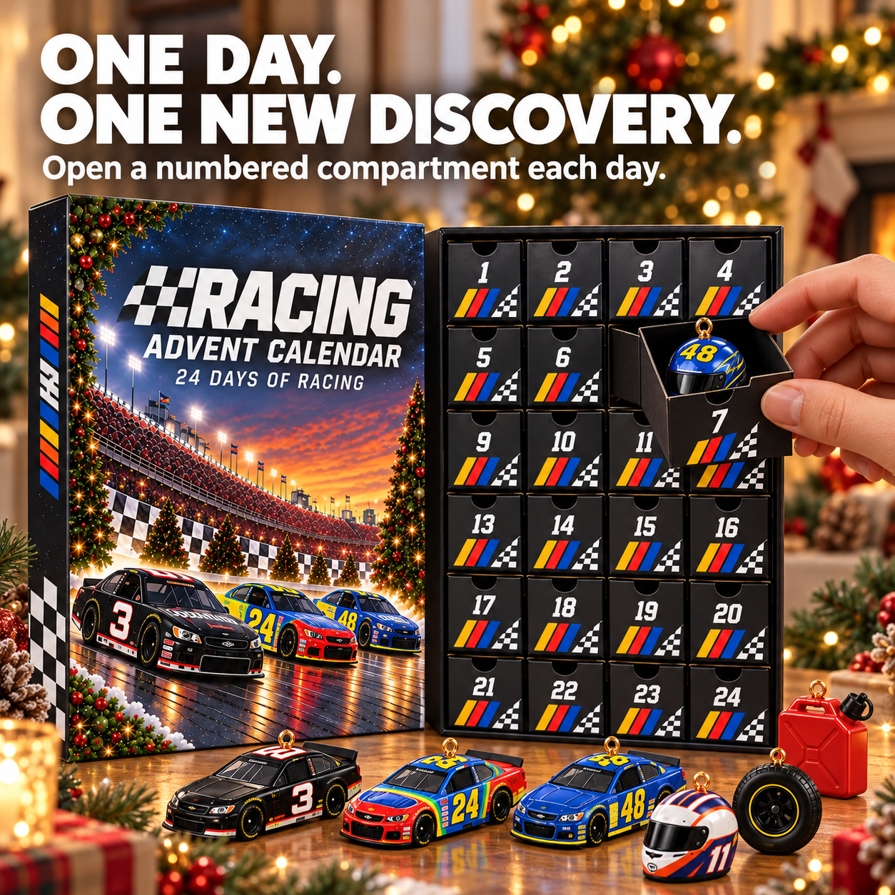 A numbered compartment being opened on the racing advent calendar