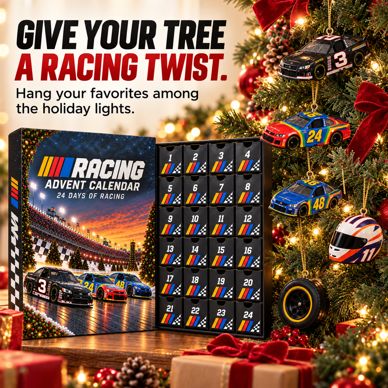 Racing-themed ornaments displayed on a decorated Christmas tree