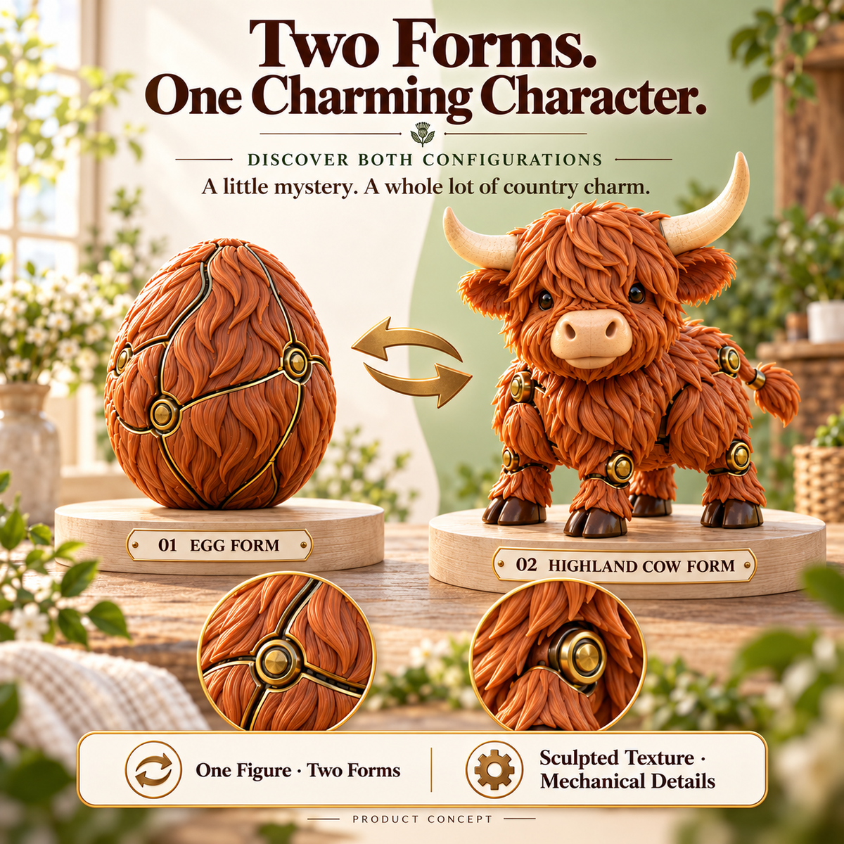 Two design concepts side by side: caramel mechanical-style Highland cow egg and shaggy Highland cow with horns, bronze joints and hooves