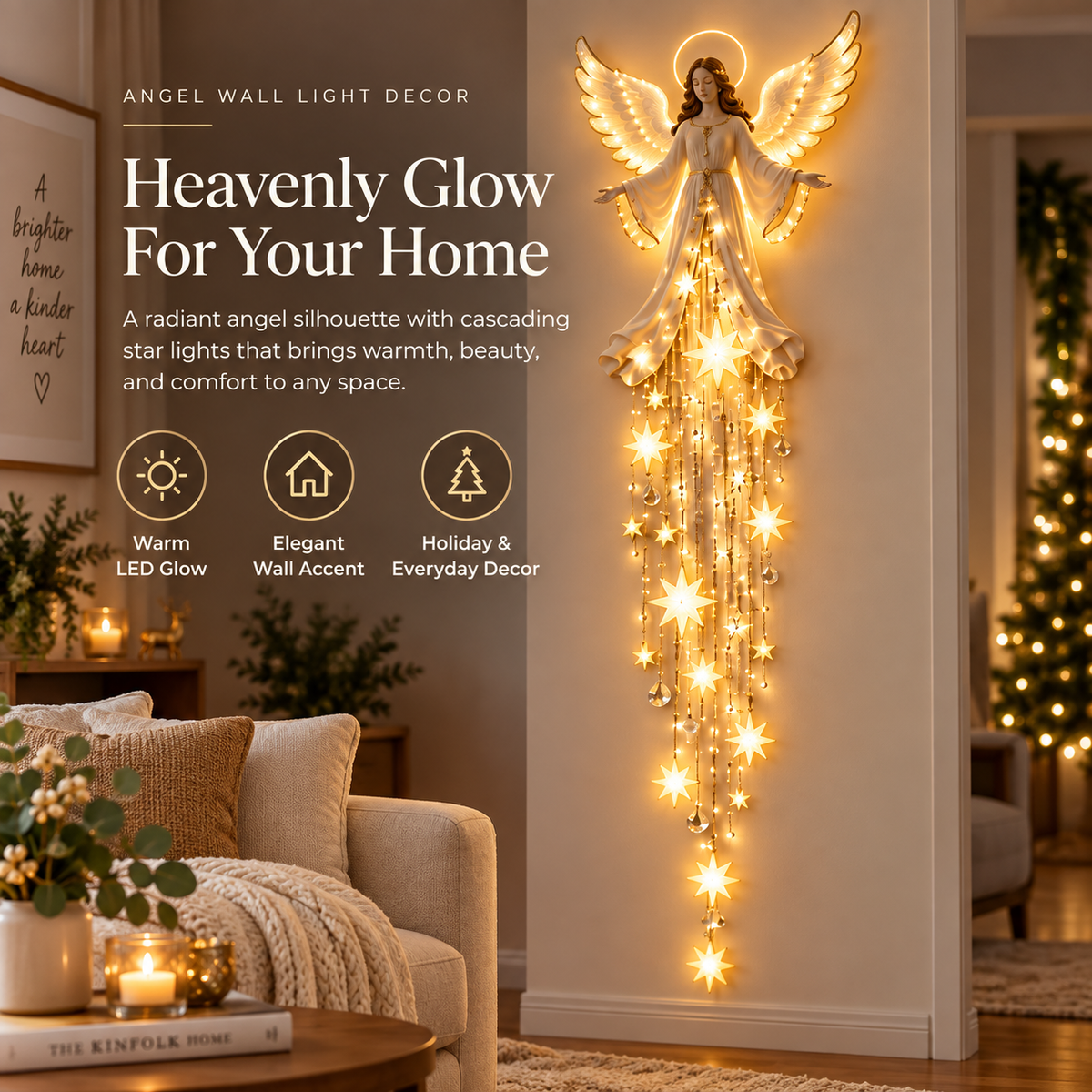 Christmas Angel Wall Light Decor, Warm LED Lighted Angel with Hanging Star Lights, Elegant Holiday Wall Decoration for Home, Living Room, Bedroom & Entryway